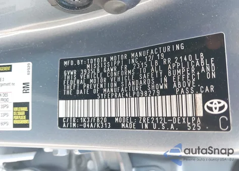 2020 Toyota Corolla Le из США, поврежденный, VIN 5YFEPRAE4LP098279